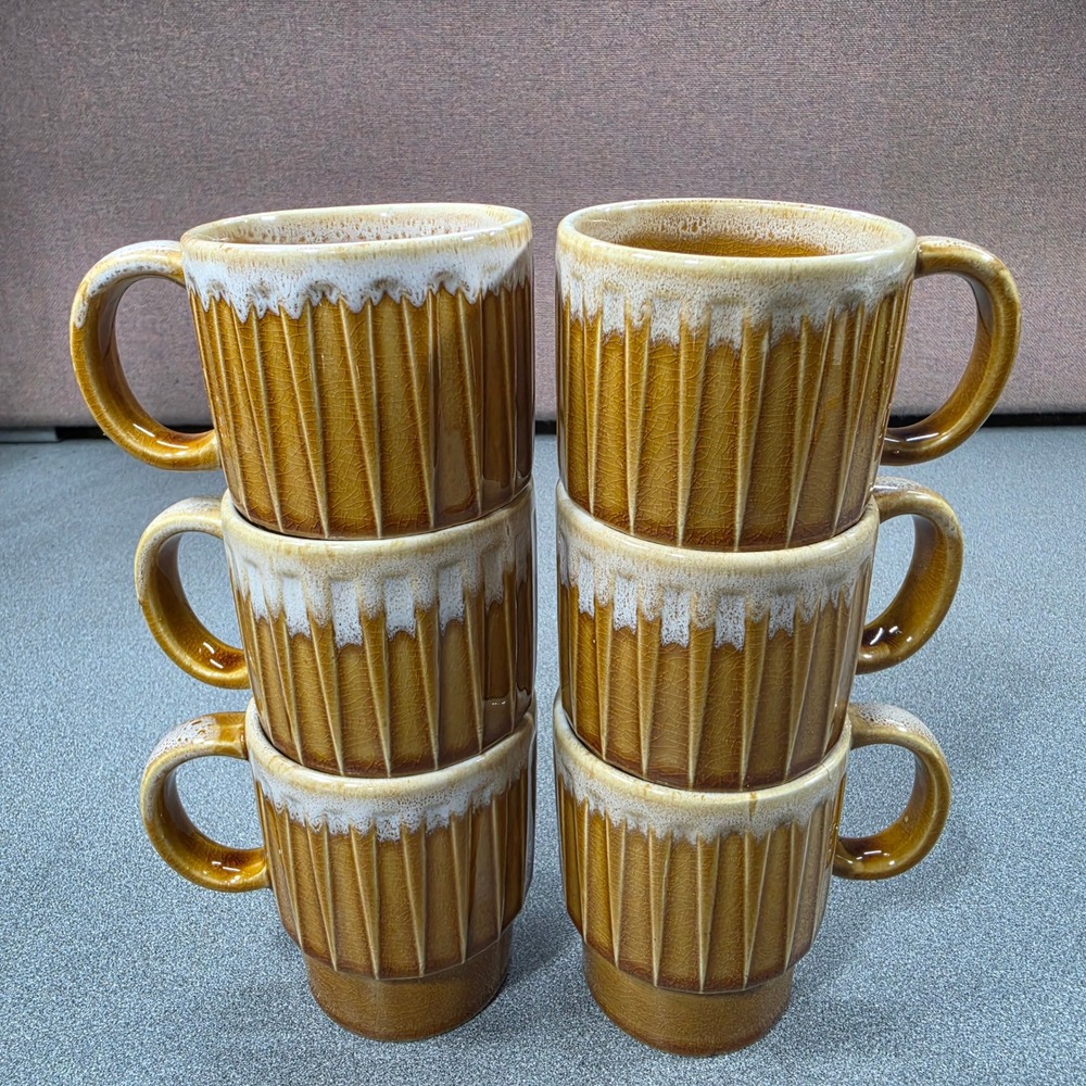 Vintage MCM Coffee Mugs Brown Excellent Drip Glaze Japan 6pc